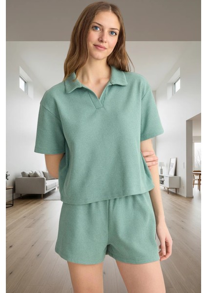 Aksesuarlı Pijama Takımı Pamuklu Waffle Kumaş Regular Fit Boru Paça Şort Yaz Için Ideal