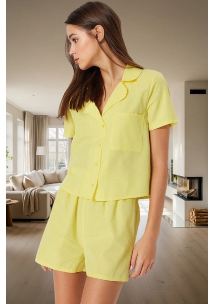Rahat Pijama Takımı Pamuk Polyester Şortlu Yazlık Düğmeli Premium Kalite Yüksek