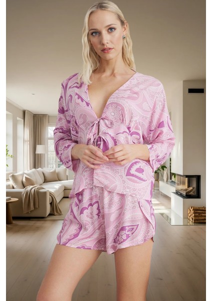Rahat Viskoz Pijama Takımı Etnik Desenli Bağlamalı Şortlu Homewear ve Şık Özenle Seçilmiş