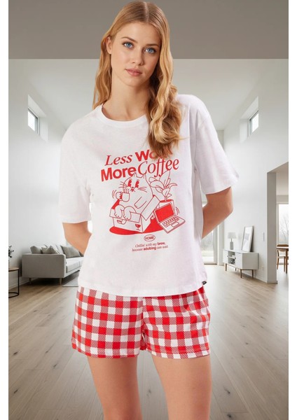 Kadın Yazlık %100 Pamuklu Pijama Takımı Ekose Şort ve Tişört Trend Tasarım Zarifane
