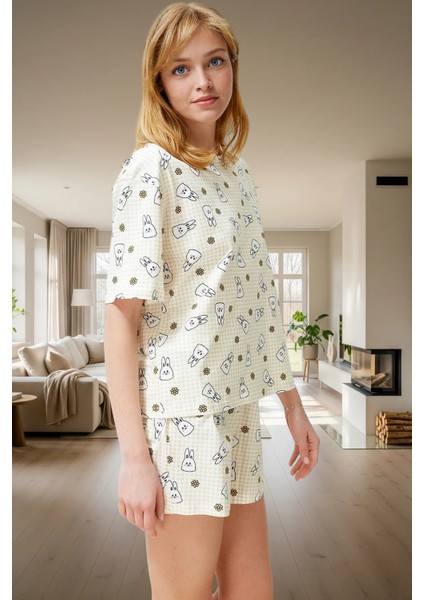 Rahat Kesim %100 Pamuklu Pijama Takımı Tavşan Desenli Yazlık Dayanıklı Malzeme Özel Tasarım fiyatları