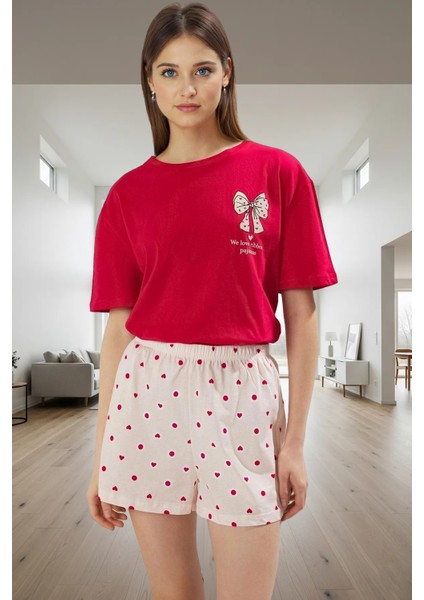 Pamuklu Kısa Kollu Pijama Takımı Kalpli Desenli Şort ve Üst Özenle Seçilmiş