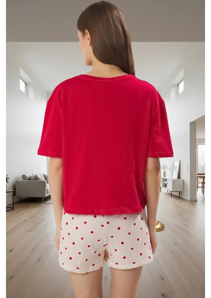 Pamuklu Kısa Kollu Pijama Takımı Kalpli Desenli Şort ve Üst Özenle Seçilmiş fiyatları