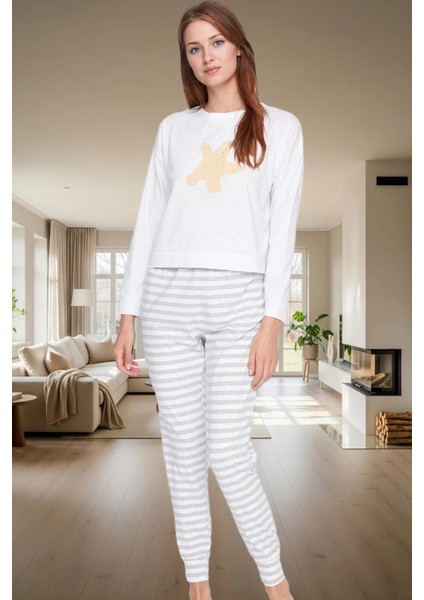 Çizgili Pijama Takımı %100 Pamuk Ayıcıklı Lastikli Paça Regular Kalıp Seçkin Malzeme