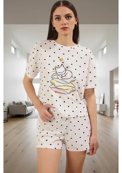 Pamuklu Kedi Desenli Rahat Pijama Takımı Yazlık Dayanıklı Malzeme Profesyonel Görünüm