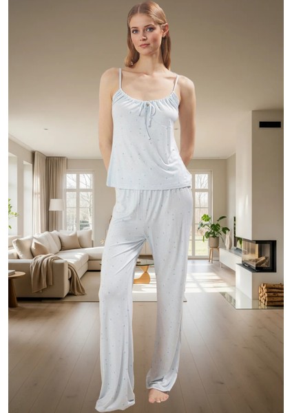 Rahat Viskoz Pijama Takımı; Çiçek Desenli Ince Askılı Normal Bel Geniş Paça Trend Tasarım