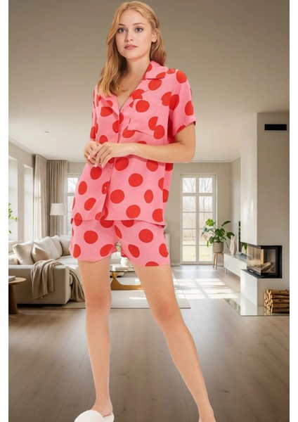 Şık Puantiyeli Viskon Pijama Takımı Dokuma Kumaş Regular Kalıp Yazlık Dayanıklı Malzeme modelleri
