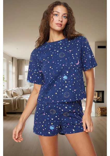 Galaksi Desenli Pamuklu Pijama Takımı Regular Kalıp Yazlık 2'li Günlük Kullanım Için