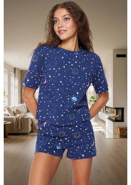 Galaksi Desenli Pamuklu Pijama Takımı Regular Kalıp Yazlık 2'li Günlük Kullanım Için fiyatları