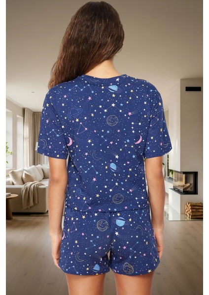 Galaksi Desenli Pamuklu Pijama Takımı Regular Kalıp Yazlık 2'li Günlük Kullanım Için modelleri
