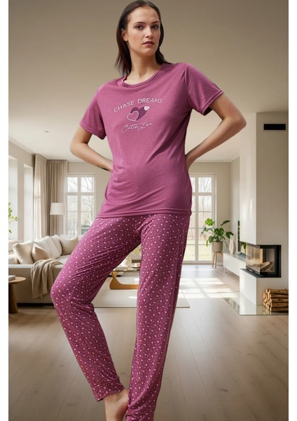Şık Kalpli Örme Pijama Takımı Nefes Alan Kumaş Regular Kalıp Ev Konforu Konforlu Kesim