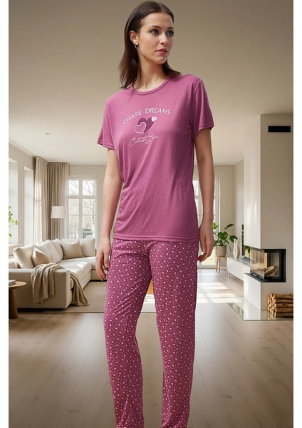Şık Kalpli Örme Pijama Takımı Nefes Alan Kumaş Regular Kalıp Ev Konforu Konforlu Kesim fiyatları