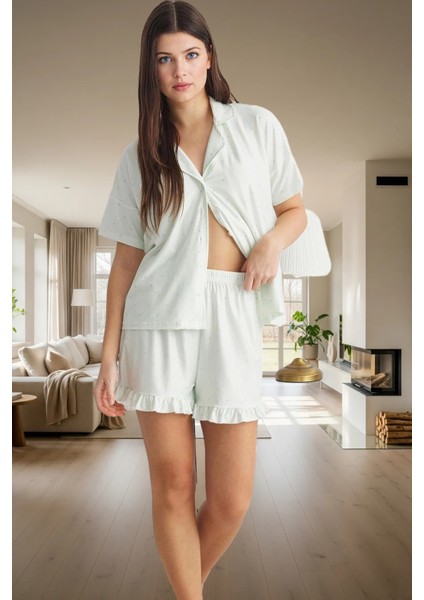 Örme Kumaş Puantiyeli Fırfır Detaylı 2'li Pijama Takımı Şık Görünüm Premium Kalite fiyatları