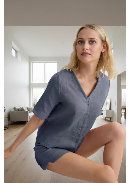 Yazlık %100 Pamuk Müslin Pijama Takımı; V Yaka Kısa Kol Regular Kalıp Mükemmel Uyum