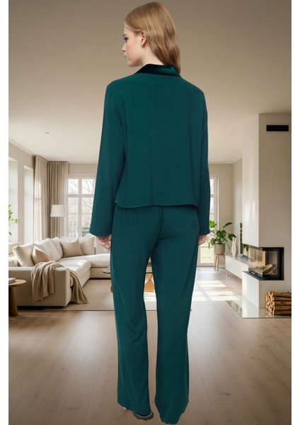 Zümrüt Kadife Detaylı Viskoz Pijama Takımı Kışlık Rahat Homewear Premium Kalite