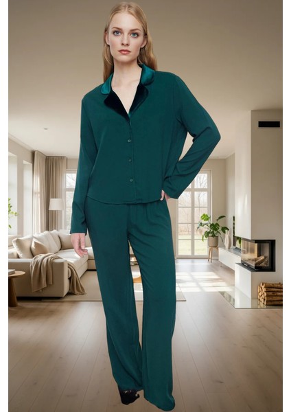 Zümrüt Kadife Detaylı Viskoz Pijama Takımı Kışlık Rahat Homewear Premium Kalite fiyatları