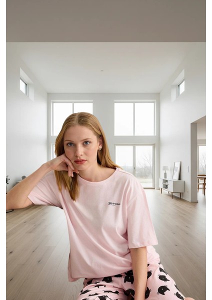 Pamuklu Örme Kedi Desenli Pijama Takımı Ilkbahar Sonbahar Şık Görünüm Modern Stil fiyatları