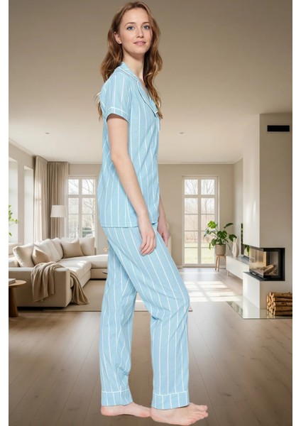 Çizgili Homewear Pijama Takımı Pamuk ve Polyester Karışımı Yüksek Kalite Mükemmel Uyum