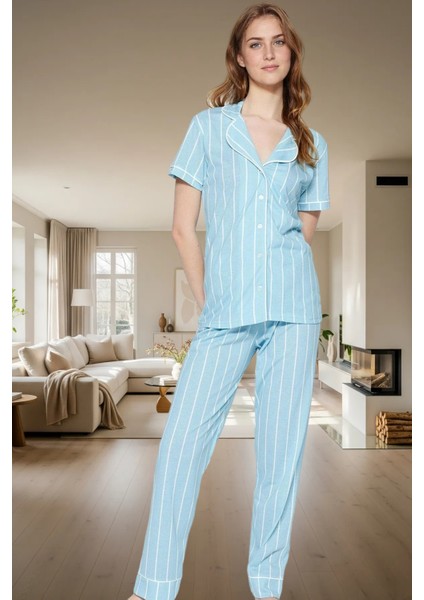 Çizgili Homewear Pijama Takımı Pamuk ve Polyester Karışımı Yüksek Kalite Mükemmel Uyum fiyatları