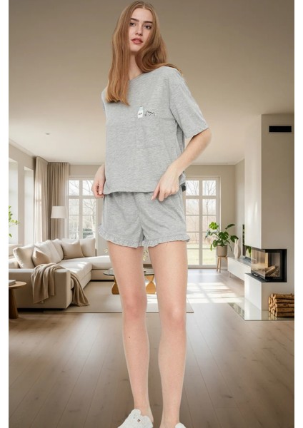 Baskılı Örme Pijama Takımı Fırfırlı Şort ve Rahat Tişört Yaz Için Ideal Kaliteli Işçilik