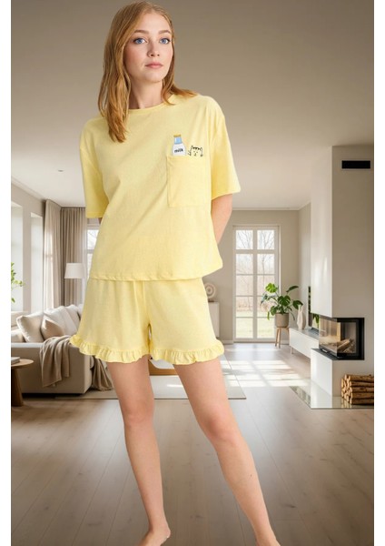 Baskılı Örme Pijama Takımı Fırfırlı Şort ve Rahat Tişört Yaz Için Ideal Kaliteli Işçilik