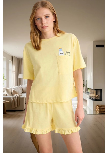 Baskılı Örme Pijama Takımı Fırfırlı Şort ve Rahat Tişört Yaz Için Ideal Kaliteli Işçilik fiyatları