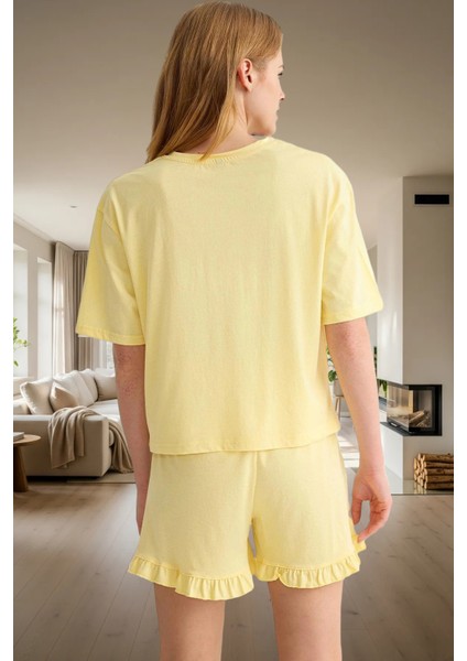 Baskılı Örme Pijama Takımı Fırfırlı Şort ve Rahat Tişört Yaz Için Ideal Kaliteli Işçilik modelleri