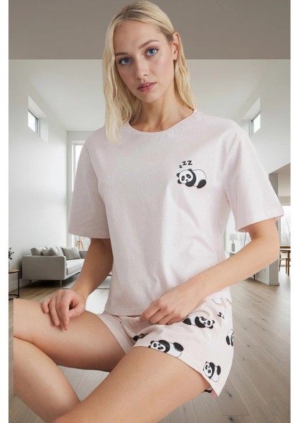 Panda Desenli Homewear Pijama Takımı %100 Pamuk Regular Kalıp Bisiklet Yaka Özenle Seçilmiş