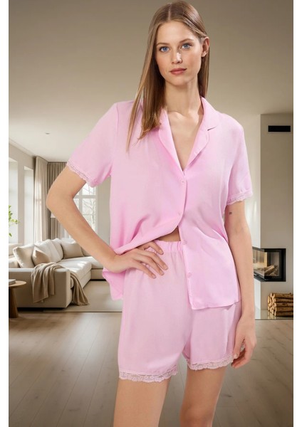 Rahat Yazlık Pijama Takımı Viskon Shally Dokuma Dantel Detaylı Yüksek Kalite Şık Görünüm
