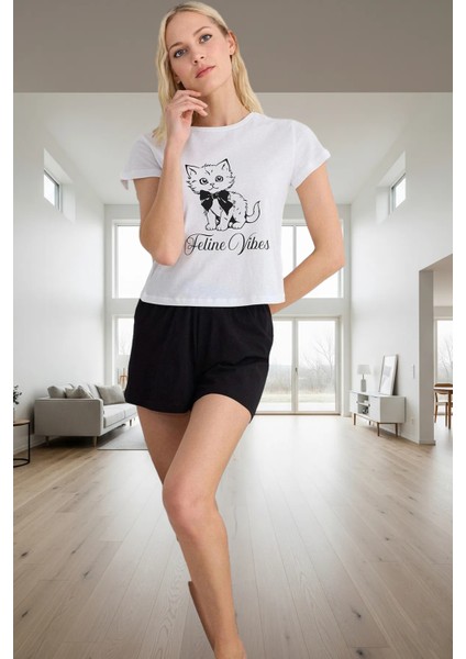 Kedi Desenli Regular Kalıp Örme Viskoz Pijama Takımı Şortlu Zarifane Tasarım Konforlu Kesim fiyatları