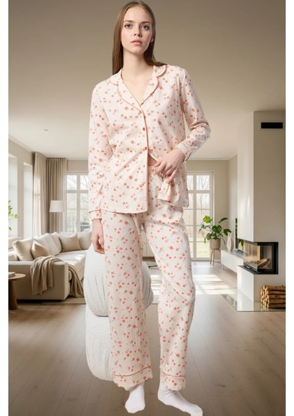 Kışlık Homewear %100 Pamuk Örme Pijama Takımı Çiçekli Desen Uzun Ömürlü Seçkin Malzeme