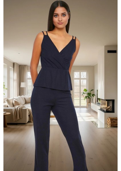 Ince Askılı Pijama Takımı %64 Polyester %33 Pamuk %3 Viskoz Karışımı Boru Paça Rahat ve Şık fiyatları