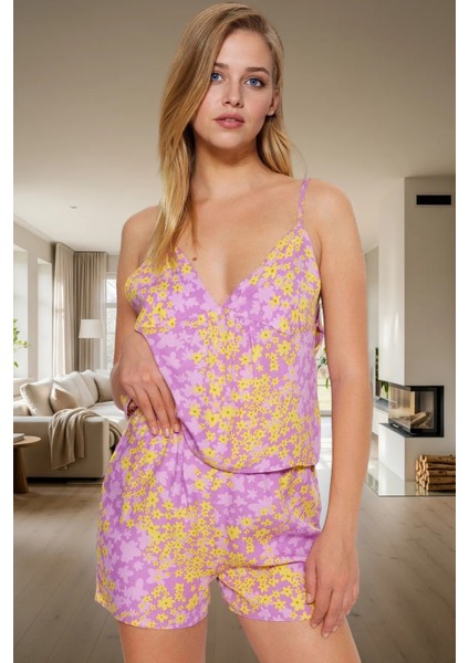 Rahat ve Şık Yazlık Pijama Takımı Çiçek Desenli Viskon Atlet Şort Dayanıklı Malzeme