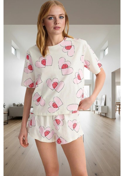 Rahat Yazlık %100 Pamuklu Pijama Takımı Renk Kalp Desenli Profesyonel Görünüm ve Şık