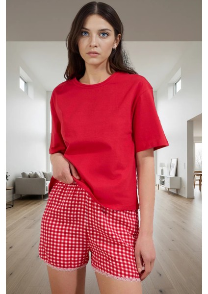 Homewear Ekose Dantel Detaylı Şortlu Pijama Takımı %100 Viskoz Modern Stil Özenle Seçilmiş