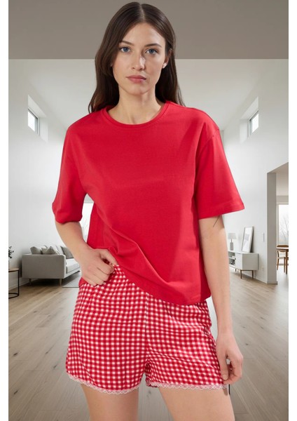 Homewear Ekose Dantel Detaylı Şortlu Pijama Takımı %100 Viskoz Modern Stil Özenle Seçilmiş fiyatları