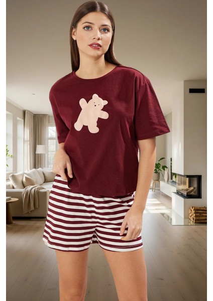 Ayıcıklı Yazlık Pijama Takımı %100 Pamuk Kısa Paça Çizgili Şık Görünüm Özenle Seçilmiş