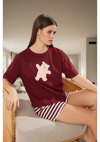 Ayıcıklı Yazlık Pijama Takımı %100 Pamuk Kısa Paça Çizgili Şık Görünüm Özenle Seçilmiş fiyatları