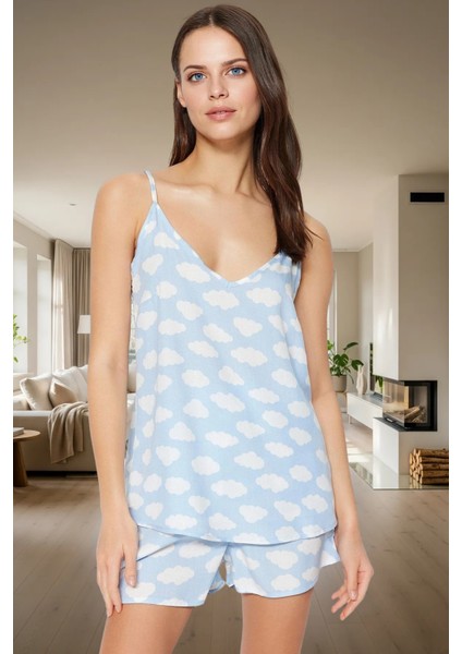 Bulut Desenli Viskon Pijama Takımı Şort ve Atlet Yazlık Ev Giyim Özenle Seçilmiş Premium Kalite