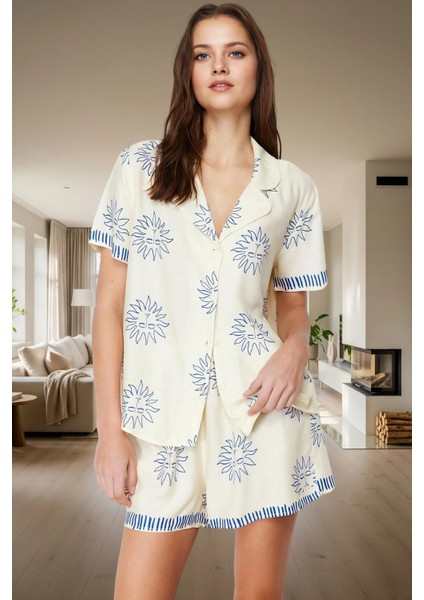 Şortlu Pijama Takımı Yumuşak Viskon ve Güneş Desenleri Özenle Seçilmiş Konforlu Kesim