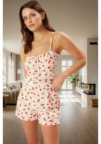 Kiraz Desenli Örme Pamuklu Pijama Ince Askılı ve Şortlu Rahat Kullanım Trend Tasarım fiyatları