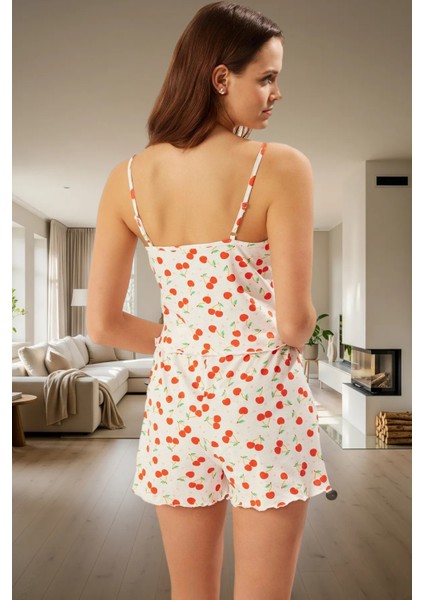 Kiraz Desenli Örme Pamuklu Pijama Ince Askılı ve Şortlu Rahat Kullanım Trend Tasarım modelleri