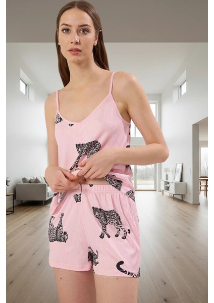 Yumuşak Örme Hayvan Desenli Pijama Takımı Ince Askılı Regular Kalıp Yüksek Kalite