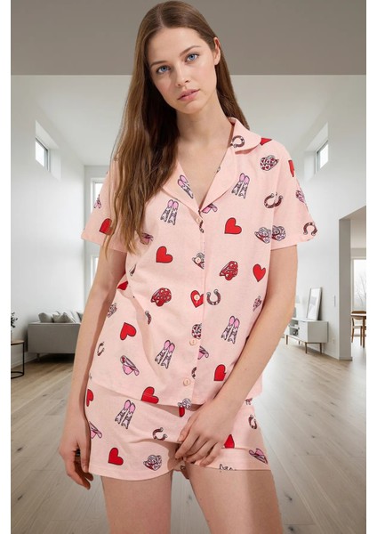 Yazlık Pamuk Örme Pijama Takımı Kalpli Kovboy Desenli Regular Kalıp Günlük Kullanım Için