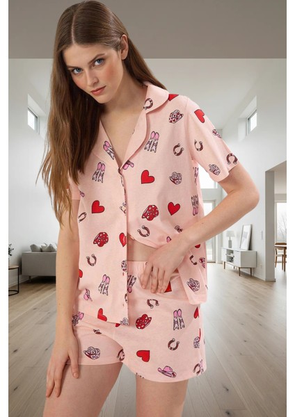 Yazlık Pamuk Örme Pijama Takımı Kalpli Kovboy Desenli Regular Kalıp Günlük Kullanım Için fiyatları