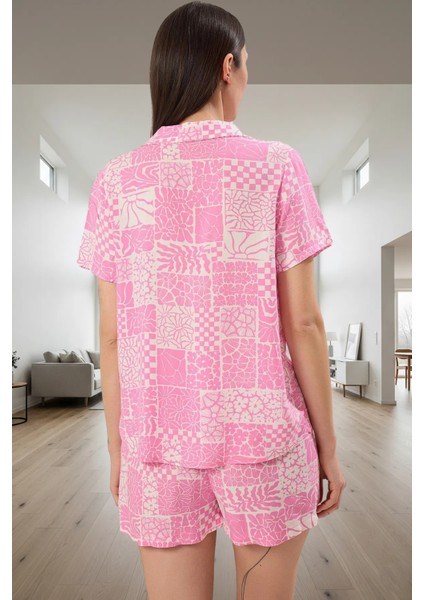 100 Viskoz Etnik Desenli Shally Dokuma Pijama Yazlık Şort ve Gömlek Takımı Trend Tasarım modelleri