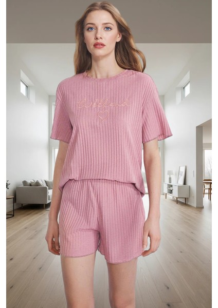 Rahat Kesim Pijama Takımı Yumuşak Örme Kumaş Yazlık Şort ve Tişört Uzun Ömürlü