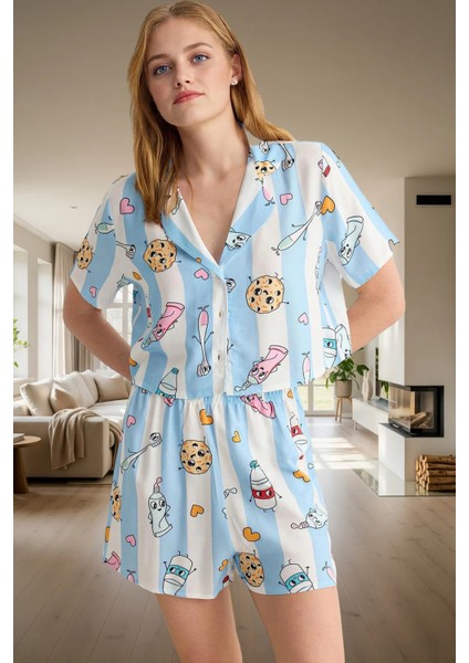 Viskoz Baskılı Pijama Takımı Şortlu Düğmeli Yazlık Rahat Kullanım Günlük Için fiyatları