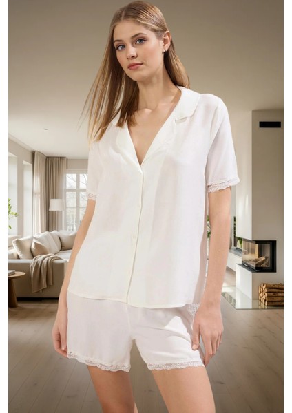 Shally Dokuma Viskon Pijama Dantelli Yazlık Rahat Modern Stil Şık Görünüm Mükemmel Uyum