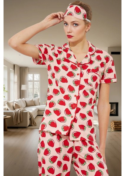 3'lü Çilek Desenli Ipliği Boyalı Pijama Takımı Rahat ve Şık Uyku Deneyimi Dayanıklı Malzeme